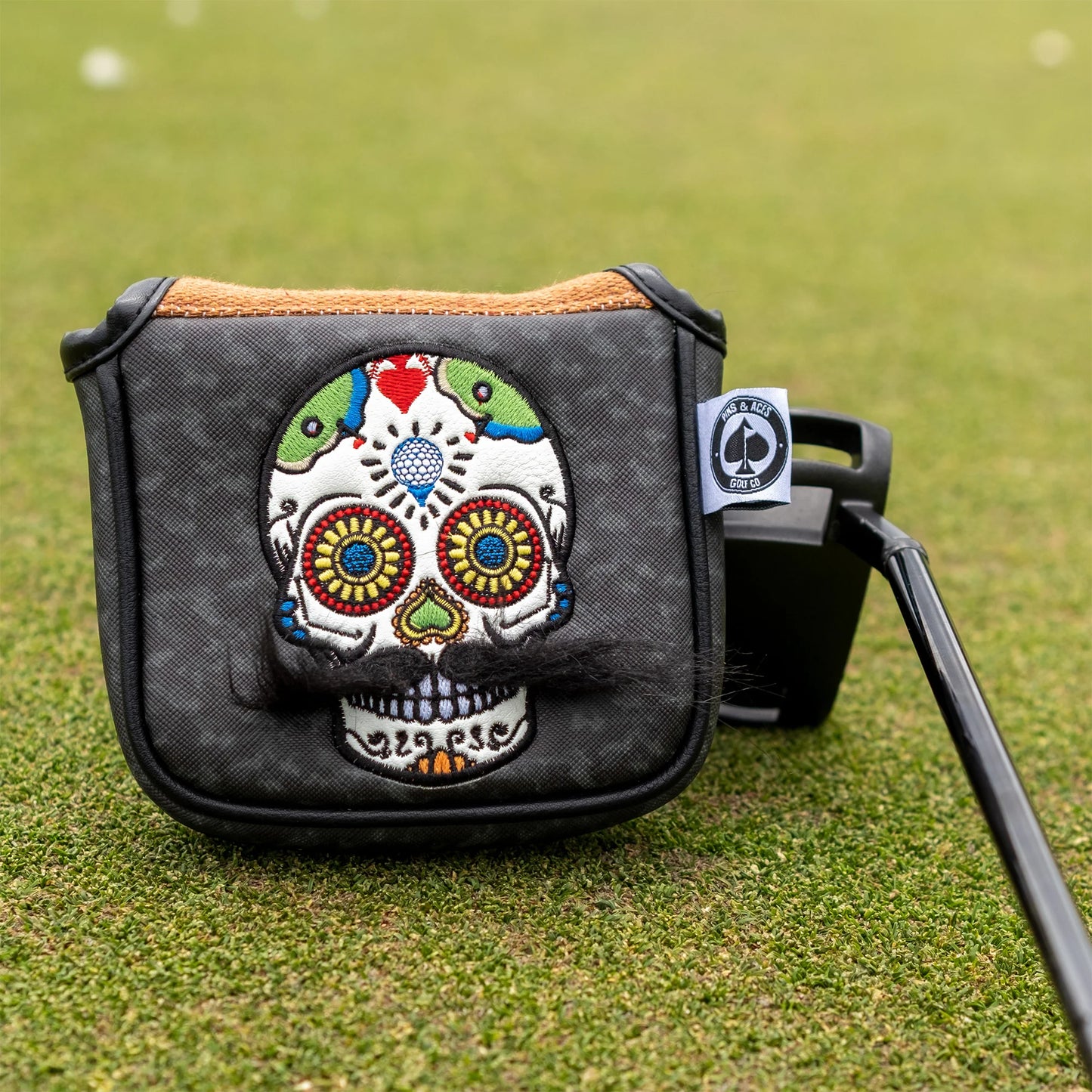 Mustache Sugar Skull - Mallet Putter Cover in Gray Camo