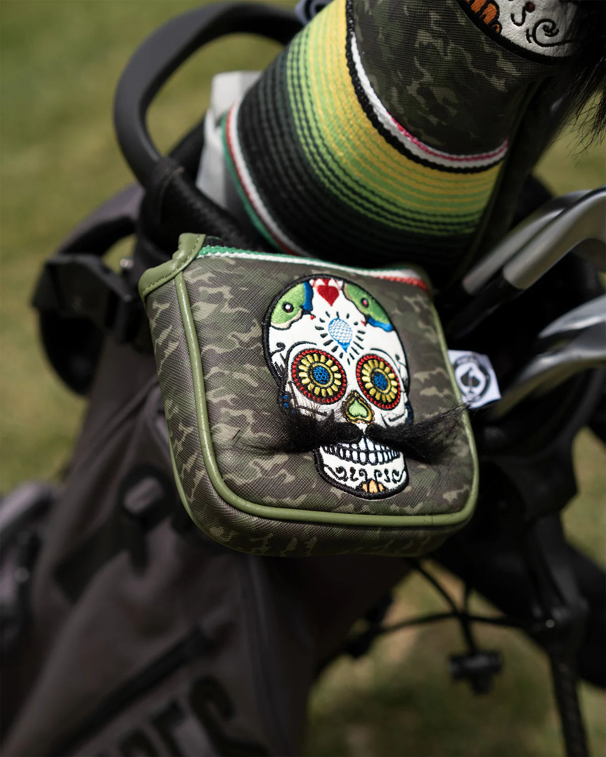 Mustache Sugar Skull - Mallet Putter Cover in Green Camo